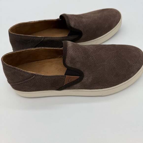 NWOT Olukai Pehuea Leather Womens 11 Brown Suede Snake Print Slip-On Sneakers - Picture 2 of 8